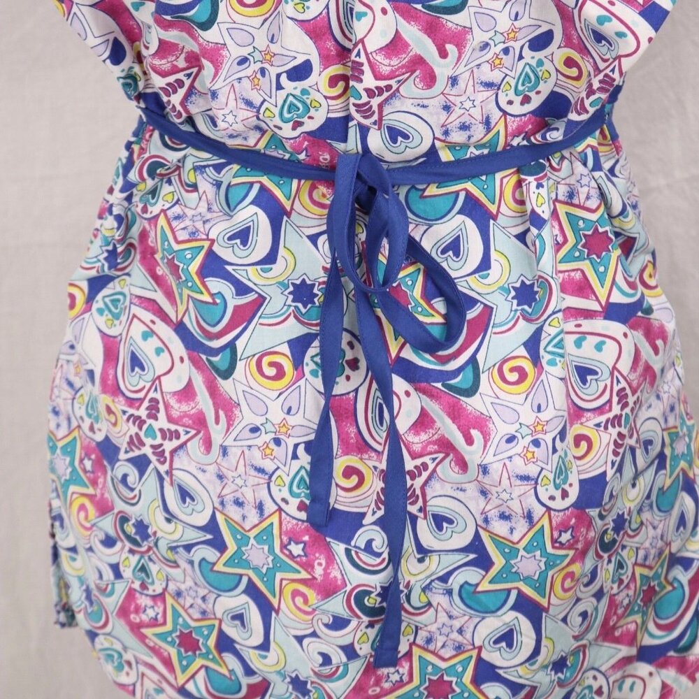Liana Medical Scrub Top Women's XS Blue Multicolor Pattern VTG V-Neck Tie Back - Picture 7 of 11